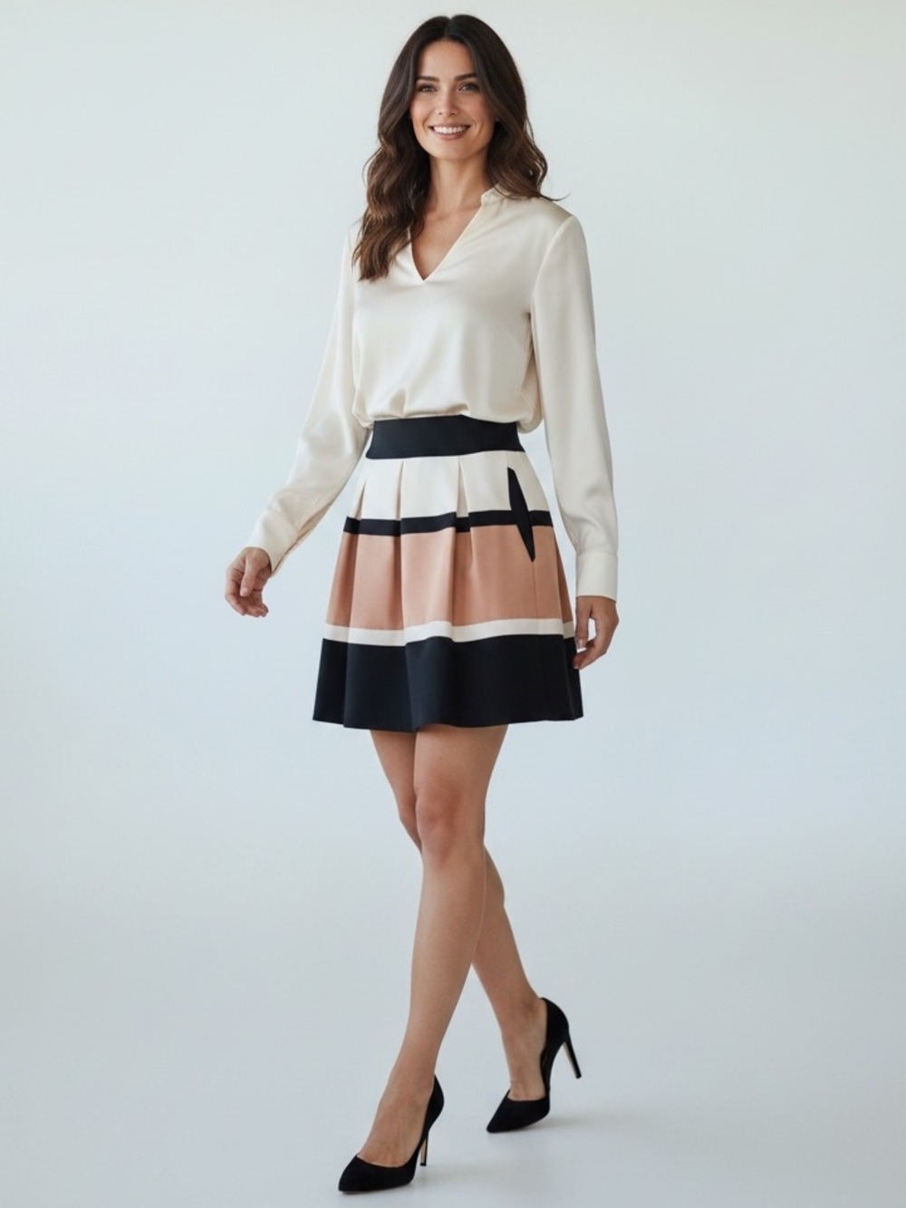 Anthropologie Striped Colorblock Mini Skirt Tan White Black XS